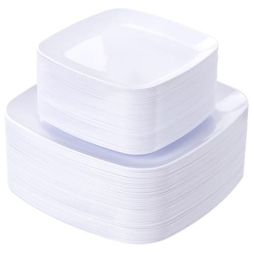 PULOTE 100PCS White Plastic Plates - White Square Disposable Include 50 Dinner 10 inch & 50 Dessert 7.25inch Plates, Ideal for Party & Wedding — image 1