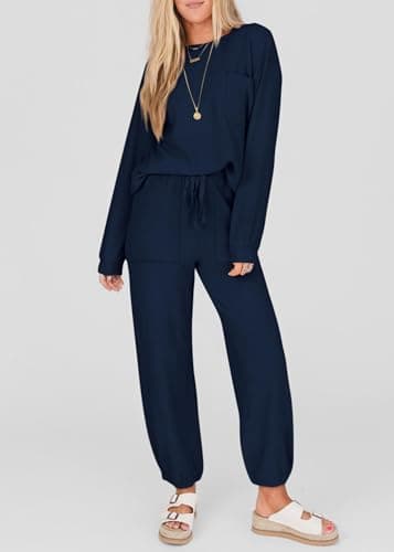 KIRUNDO Lounge Sets for Women 2026 Spring Airport Travel Outfits Ribbed Knit Tops Jogger Pants Tracksuit Postpartum Comfy Set view 2