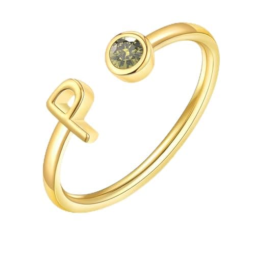ZNBOH Gold Birthstone Initial Rings for Women Non Tarnish Dainty 14K Gold Plated Adjustable Letter Ring for Women Stackable Cute Thumb Pinky Fashion Unique Open Simple Birthday Gifts Jewelry — image 1