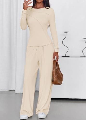 Lazysmile Lounge Sets For Women 2 Piece Sets Fall Outfits Long Sleeve Tops with Wide Legs Pants Casual Matching Set view 3