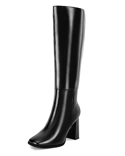 Coutgo Womens Wide Calf Knee High Boots Chunky High Heel Square Toe Fashion Leather Shoes with Side Zipper — image 1