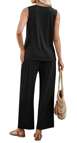 WIHOLL Two Piece Sets for Women Summer Spring Outfits Tank Square Neck Sleeveless Travel Vacation Lounge Wide Leg Pants Set view 5