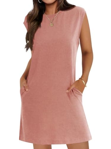 Wenrine Womens Summer Mini Dress Casual Short Sleeve Crewneck Loose Basic T Shirt Dresses with Pockets — image 1