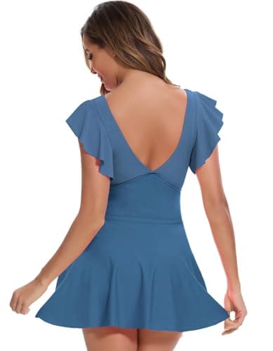 MFAVIP Women One Piece Swim Dress Tummy Control Swimsuits V Neck Ruffle Bathing Suit Cutout Sexy Wrap Side Tie with Skirt view 6