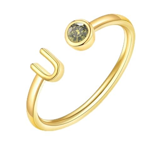 ZNBOH Gold Birthstone Initial Rings for Women Non Tarnish Dainty 14K Gold Plated Adjustable Letter Ring for Women Stackable Cute Thumb Pinky Fashion Unique Open Simple Birthday Gifts Jewelry — image 1
