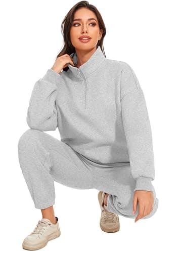 Jeqeocafy Women Oversized Long Sleeve Sweatsuit Half Zip Sweatshirt & High Waisted Pants 2 Piece Outfits With Pockets view 5