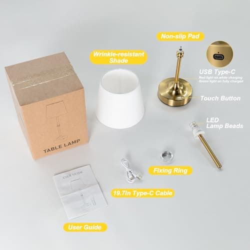 Kakanuo Rechargeable Cordless Table Lamp Gold - 1 Pack Brass 4000mAh Battery Operated Lamp, 3000K Warm Light, Touch Control Stepless Dimming, for Bedside, Dining Table, Home Decor view 5
