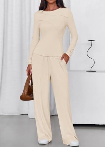 Lazysmile Lounge Sets For Women 2 Piece Sets Fall Outfits Long Sleeve Tops with Wide Legs Pants Casual Matching Set view 6