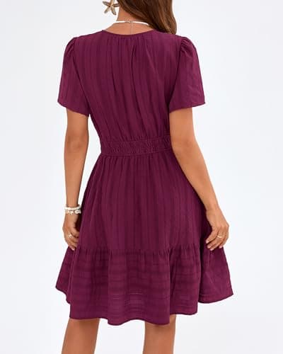 BTFBM Womens Spring 2026 Casual Mini Dresses Lightweight Short Sleeve V Neck Elastic Waist Cute Boho Beach Dress Pockets view 4