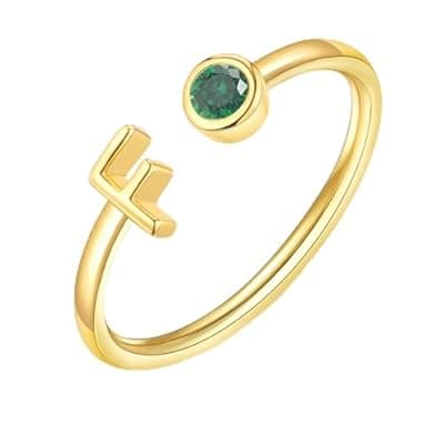 ZNBOH Gold Birthstone Initial Rings for Women Non Tarnish Dainty 14K Gold Plated Adjustable Letter Ring for Women Stackable Cute Thumb Pinky Fashion Unique Open Simple Birthday Gifts Jewelry
