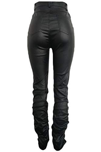 GUOLEZEEV PU Solid Middle High Waist Stacked Pants for Women Faux Leather Ruffle Ruched Bottom Leggings Pants view 6