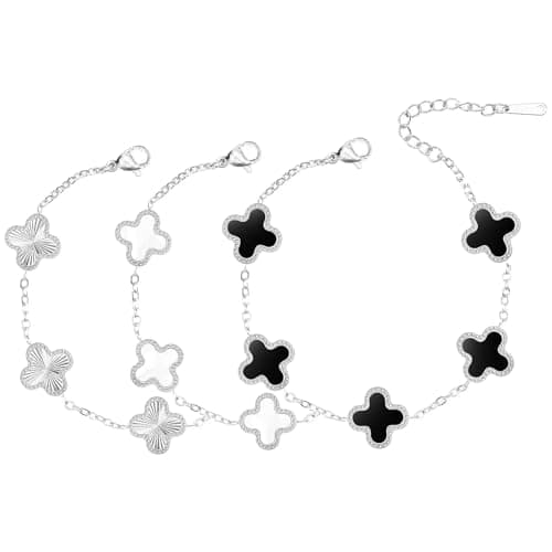 Difonkr 18K Gold Clover Bracelets for Women Simple White Gold Lucky Four Leaf Clover Bracelets Link Set Christmas Jewelry Gifts for Women (Black+White+Sliver)
