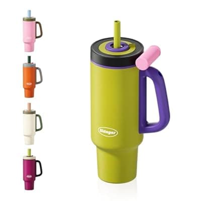 Sidagar Tumbler with Handle,36 oz Ceramic Lined Travel Mug Water Bottle with Straw,Vacuum Insulated Stainless Steel Cup with Lid,Fits Cup Holder, Leak Resistant Press-in Lid,Green