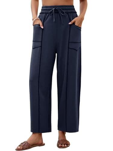 grewley Womens Linen Barrel Pants Baggy Wide Leg Pants Summer Palazzo Drawstring Waist Pants with Pockets Casual — image 1