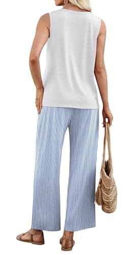 WIHOLL Two Piece Sets for Women Summer Spring Outfits Tank Square Neck Sleeveless Travel Vacation Lounge Wide Leg Pants Set view 5