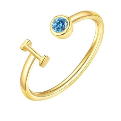 ZNBOH Gold Birthstone Initial Rings for Women Non Tarnish Dainty 14K Gold Plated Adjustable Letter Ring for Women Stackable Cute Thumb Pinky Fashion Unique Open Simple Birthday Gifts Jewelry