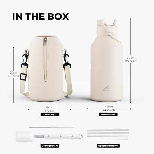 POWCAN 64 oz Water Bottle Insulated with 2-in-1 Straw and Spout Lid, Carrier Bag, Handle Strap, Leakproof, BPA-Free, Half Gallon Metal Water Bottle for Camping, Picnic and Hydration (Cream) view 3