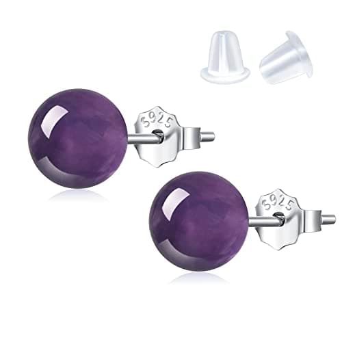 Onesmek Natural Amethyst Earrings Sterling Silver - 6mm Amethyst Gemstone Stud Earrings, Purple Healing Crystal Earrings Handmade Birthstone Jewelry Valentine's Day Gifts