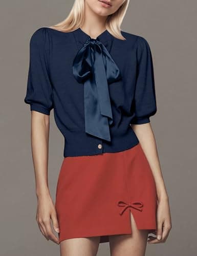 MSBESYOR Bow Tie Front Cardigan Sweater Short Puff Sleeve Button Down Trendy Summer Knit Thin Cropped Shirt Tops view 4