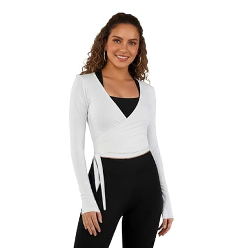 Women Ballet Pilates Wrap Tops Long Sleeve Tie Front Crop Shirts Y2K Dance Workout Yoga Going Out Tops view 3
