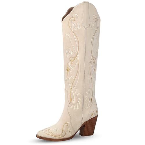 LeunDen Beige Cowboy Boots for Women, Knee High Cowgirl Boots with Pointed Toe, Chunky Heel, Floral Embroidery Western Boots Suede Tall Boots Size 7 — image 1