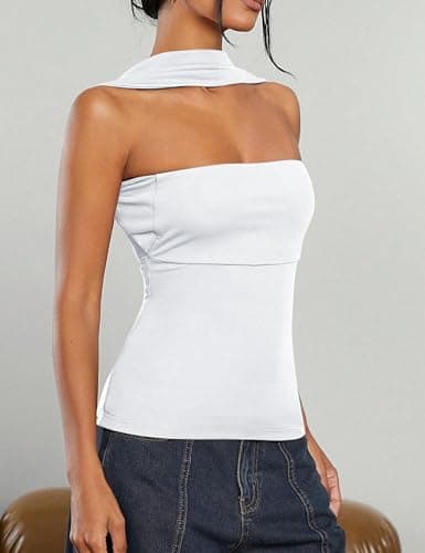 ACCPUR Ruched Strapless Halter Tube Top for Women Sexy Open Back Slim Fit Bandeau Shirt Sleeveless Off Shoulder Tank Clubwear view 5