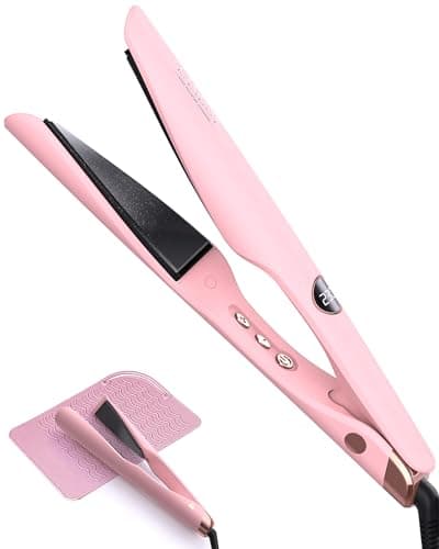 LANDOT 2-in-1 Hair Straightener and Curler - Twist Flat Curling Iron for Sleek Straight, Bouncy Curls, Beach Waves, Tourmaline Ceramic, Dual Voltage Adjust Temp 250-450°F All Hair Types, Color Pink