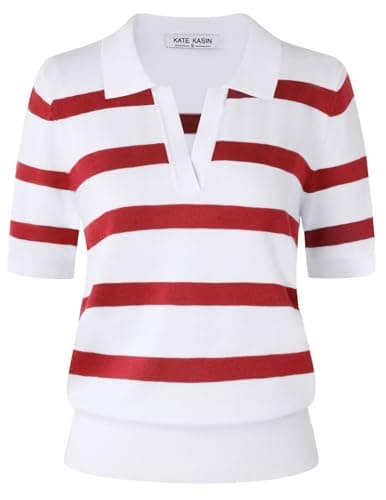 Kate Kasin Women Short Sleeve Polo Sweater V Neck Knitted Tops Casual Ribbed Shirt Loose Pullover Sweater — image 1