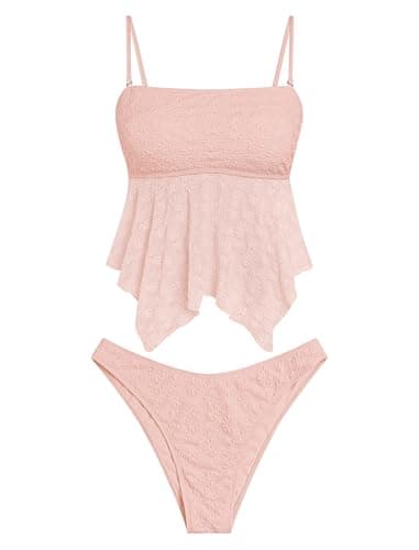 ZAFUL Tankini Swimsuits for Women Flowy Swimwear Mesh Lace Jacquard Two Piece Bathing Suit High Cut Tanga Tankini Set — image 1