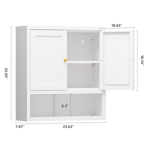 YAUWOH Metal Bathroom Storage Cabinet, Metal Storage Cabinet with 2 Adjustable Shelves & 2 Doors,Freestanding Sideboard for Small Spaces (White, Wall Cabinet-22.59" H) view 2
