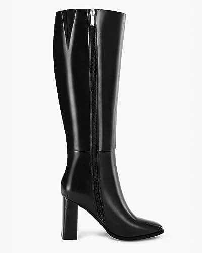 Coutgo Womens Wide Calf Knee High Boots Chunky High Heel Square Toe Fashion Leather Shoes with Side Zipper view 4
