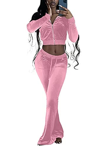 NSHYPOI Women Velour 2 Piece Outfits Zip Crop Jackets Wide Leg Pants Sets Tracksuits view 3
