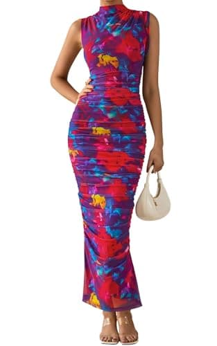 PRETTYGARDEN Women's Summer Maxi Floral Dresses Ruched Bodycon Sleeveless Mesh Formal Wedding Guest Cocktail Split Long Dress — image 1