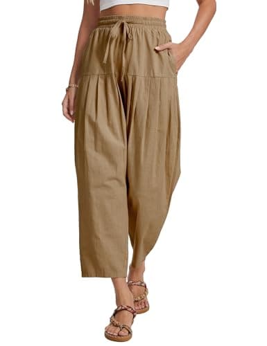 DAOAO Cotton Linen Barrel Pants Women Wide Leg Hippie Boho Casual Loose Harem Pants Pleated Pull On Elastic Waist view 4