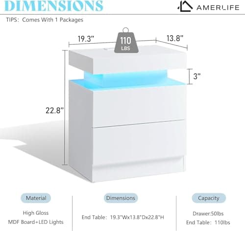 AMERLIFE High Gloss End Table Set of 2 with Charging Station, Modern Bedside Table Night Stand with Lights, LED Nightstand with Drawers for Bedroom Living Room, White view 2