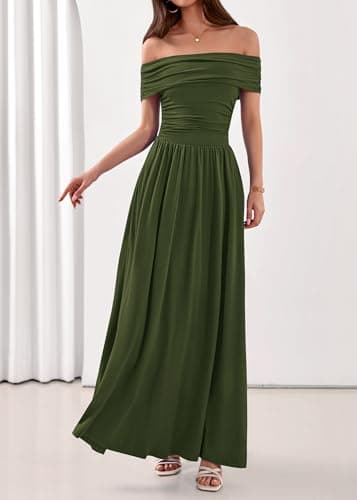 KIRUNDO Cocktail Dresses for Women 2026 Summer Off The Shoulder Ruched Pleated Long Flowy Formal Party Maxi Dresses Pockets view 6