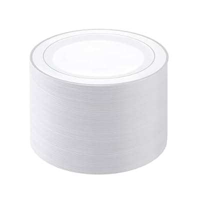 PULOTE 100PCS Silver Plastic Plates - 10 Inch Heavy Duty White with Silver Trim Plastic Dinner Plates Disposable for Dinenr, Party, Wedding & Christmas