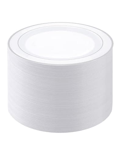 PULOTE 100PCS Silver Plastic Plates - 10 Inch Heavy Duty White with Silver Trim Plastic Dinner Plates Disposable for Dinenr, Party, Wedding & Christmas — image 1