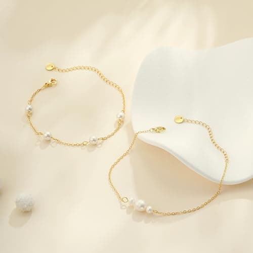 Fezodo Pearl Bracelets for Women, Dainty 18K Gold Plated Pearl Beaded Bracelet Stack Trendy Thin Link Chain Charm Bracelets Set Wedding Bridesmaid Mother Gifts Jewelry for Women view 6