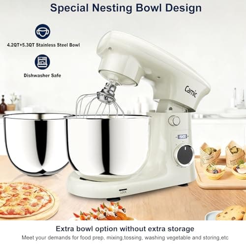 Camic Stand Mixer, 4.2QT+5.3QT Two bowls Electric Food Mixer, 10 Speeds with Digital setting 3-IN-1 Kitchen Mixer for Baking Cakes Cookie Bread Salad with Egg Whisk,Dough Hook,Flat Beater (White) view 4