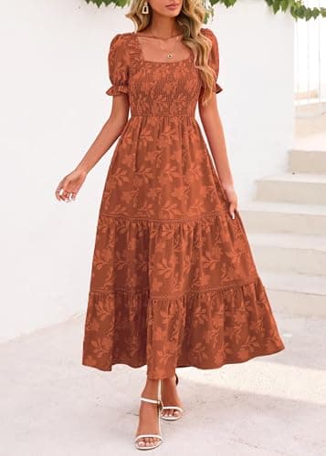 Lazysmile Women's Summer Boho Floral Maxi Dress Short Sleeve Square Neck Smocked Ruffle Elegant Wedding Guest Dress view 3