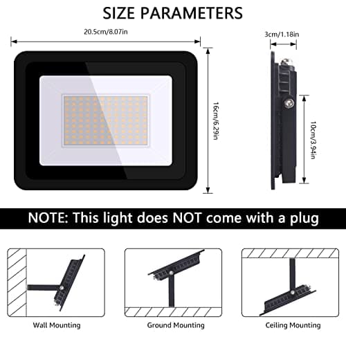 MIHEAL 110V 2 Pack 100W LED Flood Light, Warm White 3000K, IP68Waterproof Super Bright Security Lights, Outdoor Floodlight for Yard, Garden, Playground, Basketball Court view 2