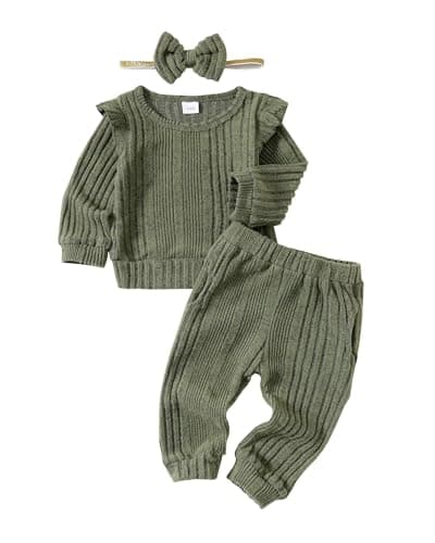 Mioglrie Baby Girl Clothes 12-18 Month Fall Winter Outfits Infant Sweatsuit Newborn Sweatshirt Fleece Ruffle Green Sweat Pant Set for 1 Year Old Girls Clothing