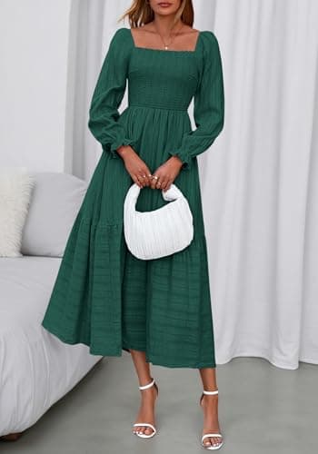 BTFBM Women Maxi Spring Dresses 2026 Long Sleeve Solid Color Square Neck Smocked Boho Long Wedding Guest Dress view 3