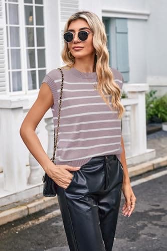 Arach&Cloz Womens Spring Summer 2024 Sweater Vest Cap Sleeve Crew Neck Striped Fashion Casual Sleeveless Tops Clothes view 4