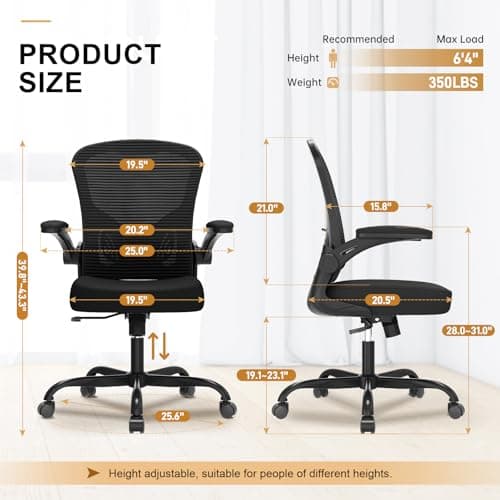 Office Chair, Ergonomic Desk Chairs 330LBS Capacity High Back Mesh Computer Chair with Flip-up Armrests, Comfy Work Chair with Adjustable Lumbar Support, Rolling Chair view 3