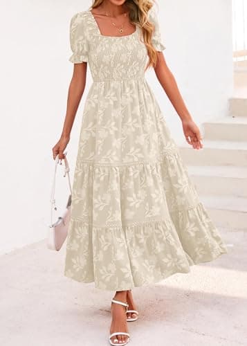 Lazysmile Women's Summer Boho Floral Maxi Dress Short Sleeve Square Neck Smocked Ruffle Elegant Wedding Guest Dress view 4