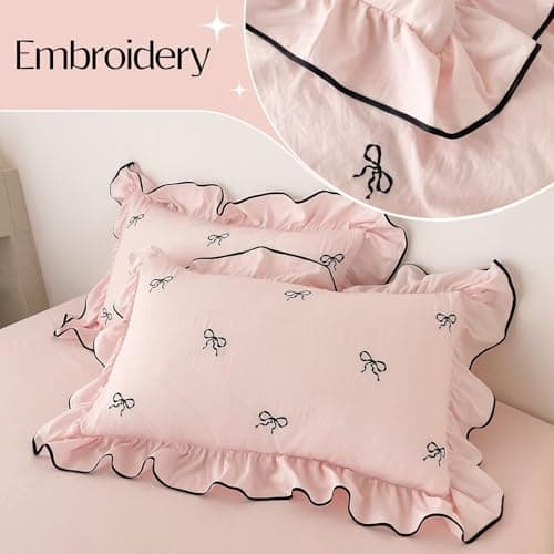 AMZTOP Pink Twin Size Duvet Cover Set with Bow,1 Duvet Cover with 2 Pillowcases,Cute Ruffled Comforter Cover with Corner Ties,3 Pcs Embroidery Aesthetic Coquette Bedding Set 68"×86" view 4
