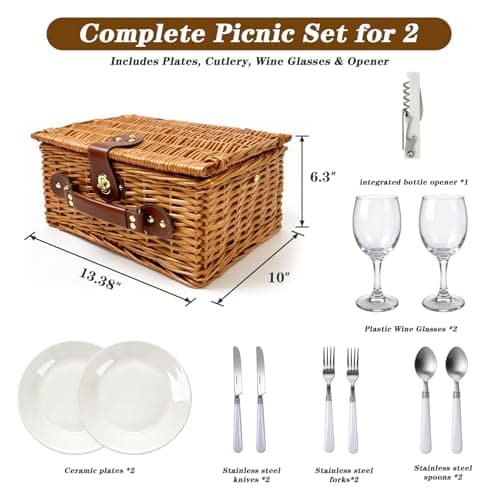 Picnic Basket for 2 - Picnic Basket with Cutlery Kit and Glasses, Insulated Picnic Set with Waterproof Liner, Portable Wicker Picnic Baskets with Lid and Handle for Outdoor, Picnic, Camping, Holidays view 3