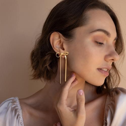 BAYLAY Bow Earrings for Women, 18K Gold Plated Bow Dangle Earrings Dangling Dangly Gold Earrings for Women Trendy for Wedding Prom Aretes para Mujer Gold Jewelry Gifts for Woman view 3